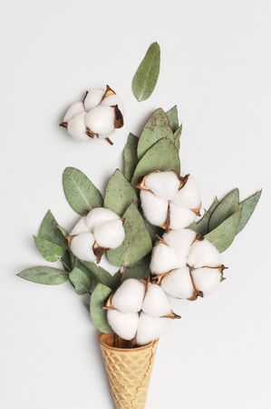 Waffle cone with bouquet of cotton flowers and fresh eucalyptus twigs on light gray background. Creative Delicate white cotton flowers minimal concept. Flat lay top view copy spaceの写真素材