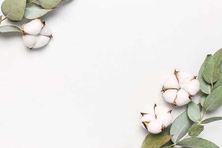 Flat lay flowers composition. Frame made of cotton flowers and fresh eucalyptus twigs on light gray background. Top view, copy space. Delicate white cotton flowers. Floral background, greeting card.の写真素材
