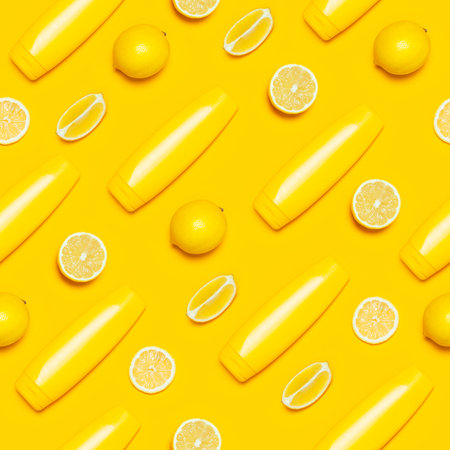 Creative summer concept. Seamless pattern Yellow Cosmetic bottle containers, fresh citrus lemon on...