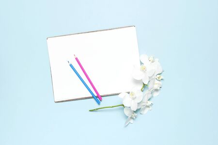Branch of Phalaenopsis orchid flowers, Blank white sheet of paper, colour pencils on blue background top view flat lay Mockup for your design Planning concept. Female desktop Tropical flower.の写真素材