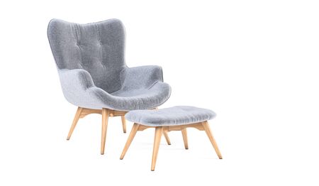 Fashionable modern gray armchair with wooden legs, ottoman isolated on white background. Furniture, interior object, stylish armchair. Single piece of furniture. Scandinavian style armchair.の写真素材