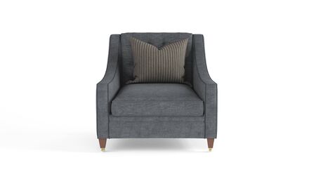 Classic modern gray armchair with wooden legs, quilted back with striped pillow isolated on white background. Furniture, interior object, stylish armchair. Single piece of furnitureの写真素材