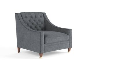 Classic modern gray armchair with wooden legs, quilted back isolated on white background. Furniture, interior object, stylish armchair. Single piece of furnitureの写真素材