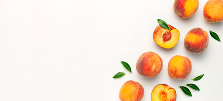 Flat lay composition with peaches. Ripe juicy peaches with green leaves on white background. Flat...