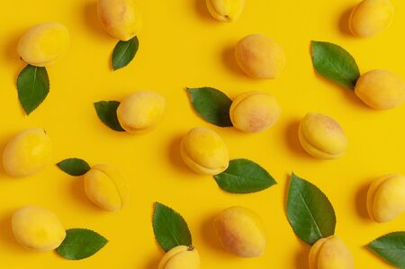 Ripe fresh apricots fruits with green leaves on yellow background. Flat lay, top view, copy space.の写真素材