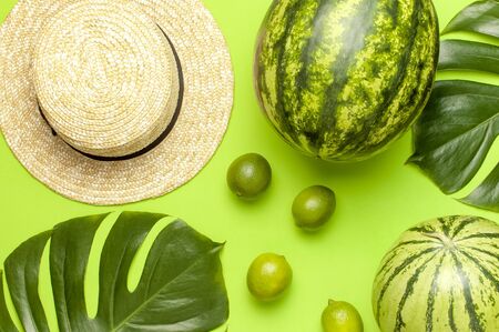 Ripe watermelon berry, summer straw hat, whole limes, tropical leaf monstera on green backgroundの写真素材