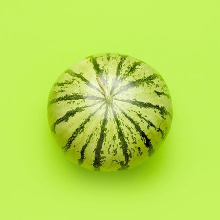 Ripe watermelon berry with a tail on green backgroundの写真素材