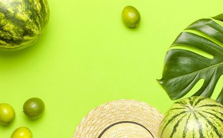 Ripe watermelon berry, summer straw hat, whole limes, tropical leaf monstera on green backgroundの写真素材