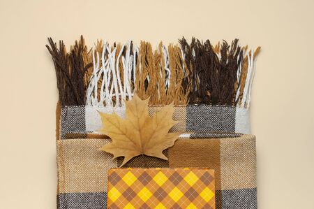 Autumn, fall concept. Checked orange gift paper bag, warm cozy blanket plaid, autumn dried leaves on pastel beige background.の写真素材