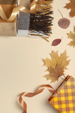 Autumn, fall concept. Checked orange gift paper bag, warm cozy blanket plaid, autumn dried leaves, holiday ribbons on pastel beige background.の写真素材
