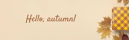 Autumn, fall concept. Checked orange gift paper bag and autumn dried leaves on pastel beige background. Flat lay, top view, copy space.の写真素材