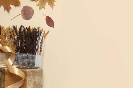 Autumn, fall concept. Checked warm cozy blanket plaid, autumn dried leaves, holiday ribbons on pastel beige background. Flat lay, top view, copy space.の写真素材