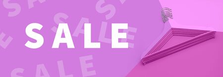 Flat lay top view colored wooden hangers with the inscription sale on pink background minimalism style pop-art, design empty hanger.の写真素材