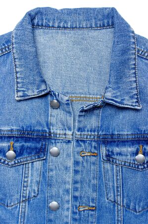 Close-up Blue denim jacket on isolated white background top view flat lay copy space. Denim, fashionable jacket, women's or men's trend clothing, fashion background. Store concept, sale.の写真素材