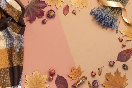Autumn Flat lay composition. Autumn dry leaves, roses flowers, lavender, orange circle cones decorative pomegranate cinnamon sticks on brown pink background top view. Autumn, fall concept.の写真素材