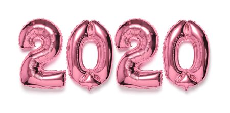 2020 inflatable pink silver numbers with shadow on white isolated background. New year winter decoration, holiday symbol, party item, element for design. Merry Christmas greeting card. Happy New Year.の写真素材