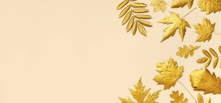 Flat lay creative autumn composition. Golden leaves on beige background top view copy space. Fall concept. Autumn background. Minimal concept idea, floral design.の写真素材