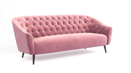 Modern fashionable stylish pink sofa with carriage stitch, buttons, with legs on isolated white background. Furniture, interior object, stylish sofa. Romantic female sofa.の写真素材