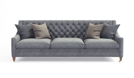 Modern scandinavian classic gray sofa with legs with pillows on isolated white background. Furniture, interior object, stylish sofa.の写真素材