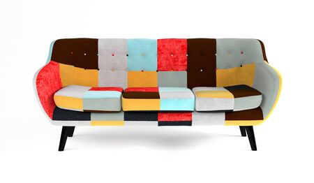 Modern scandinavian bright sofa of colorful cloth scraps, patchwork. Sofa with wooden black legs on isolated white background. Furniture, interior object, stylish sofa.の写真素材