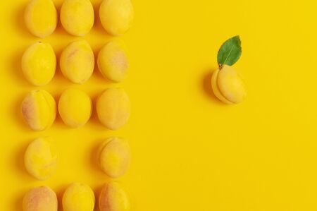 Ripe fresh apricots fruits with green leaves on yellow background. Flat lay, top view, copy space. Fresh organic apricots, diet vegan food. Creative Apricot pattern. Harvest concept.の写真素材
