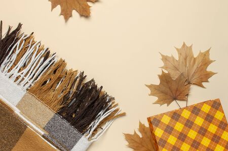 Autumn, fall concept. Checked orange gift paper bag, warm cozy blanket plaid, autumn dried leaves on pastel beige background. Flat lay, top view, copy space. Creative Autumn composition.の写真素材