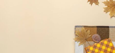 Autumn, fall concept. Checked orange gift paper bag, warm cozy blanket plaid, autumn dried leaves on pastel beige background. Flat lay, top view, copy space. Creative Autumn composition.の写真素材