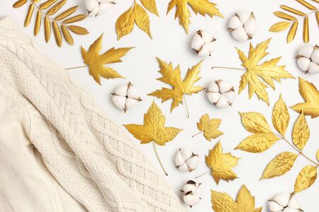 Flat lay autumn composition. Knitted woolen light beige sweater or plaid, golden dry leaves, cotton flowers on white background top view. Autumn, fall concept.の写真素材