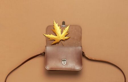 Brown leather women bag and golden autumn leaf on brown background top view flat lay copy space. Fashionable women's accessories. Autumn Fashion Concept. Stylish Lady Clothes, fall Leaves.の写真素材
