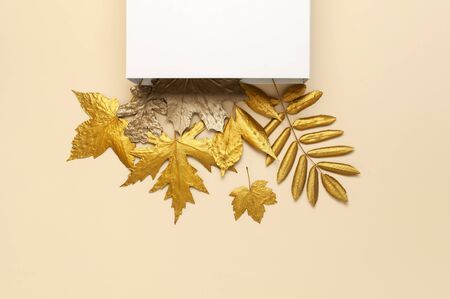 Flat lay creative autumn composition. White Gift Paper package and Golden leaves on beige background top view copy space. Fall concept. Autumn background. Minimal concept idea, floral design.の写真素材