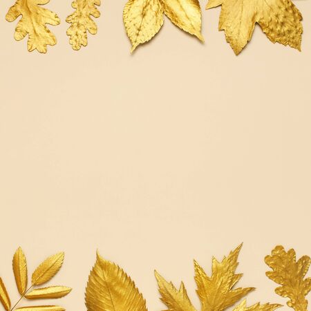 Flat lay creative autumn composition. Frame from Golden leaves on beige background top view copy space. Fall concept. Autumn background. Minimal concept idea, floral design. Square format.の写真素材