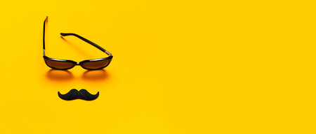 Creative party decoration concept. Black mustache, sunglasses, props for photo booths, carnival parties on yellow background top view flat lay copy space. Father's day Men's health awareness month.の写真素材