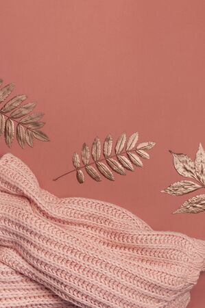 Flat lay autumn composition. Knitted woolen pink female sweater or plaid, golden dry leaves on burgundy brown background top view copy space. Fall concept. Fashion color, cozy autumn thing, clothes.の写真素材