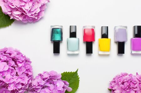 Decorative cosmetics, nail polish. Set of different varnishes for manicure nails on light background with flowers of pink hydrangea top view Flat lay mock up. Female cosmetics. Beauty blogger concept.の写真素材