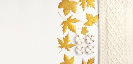 Flat lay autumn composition. Knitted woolen light beige sweater or plaid, golden dry leaves, cotton flowers on white background top view copy space. Autumn, fall concept. Knitted texture.の写真素材