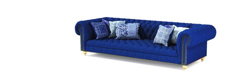 Modern classic blue fabric sofa with pillows in different ornament pattern on isolated white background. Stylish sofa with carriage stitch, buttons. Furniture, interior object. English style sofa.の写真素材