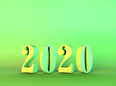 2020 numbers with shadow illuminated by bright gradient holographic lights of green yellow colors. Decoration, holiday symbol, element for design, 3D illustration. Merry Christmas Happy New Year.の写真素材
