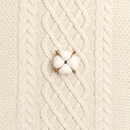 Flat lay autumn composition. Cotton flowers on a background of knitted beige woolen sweater or plaid top view copy space. Autumn, fall concept. Cozy lifestyle details.の写真素材