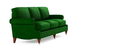 Classic beautiful comfortable fabric green sofa on wooden legs Isolated on white background with shadow. American style sofa. Furniture, interior object, stylish couch.の写真素材