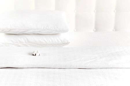 Soft white quilted pillow and cotton flower in bed on the background of white leather quilted headboard. Clean pillow, part of bed close-up, comfort. Quilted headboard background, bedding mockup.の写真素材
