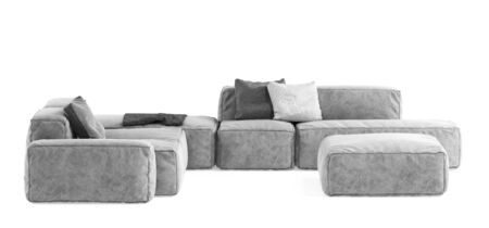 Modern gray modular sofa with pillows and plaid isolated on white background. Furniture, interior object, stylish sofa. High tech style, subject for minimalistic interior design.の写真素材