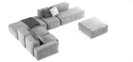 Modern gray modular sofa with pillows and plaid isolated on white background. Furniture, interior object, stylish sofa. High tech style, subject for minimalistic interior design.の写真素材