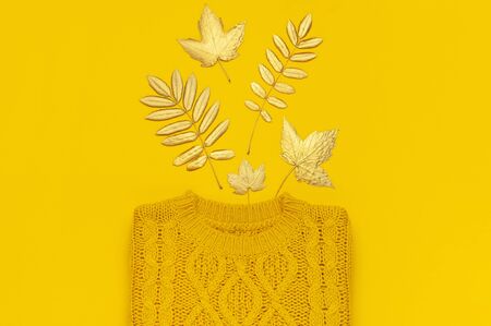 Autumn flat lay composition. Orange yellow knitted woolen female sweater and golden leaves on yellow background top view. Fashionable women's fall accessories. Cozy Knit Jumper Stylish Lady Clothes.の写真素材