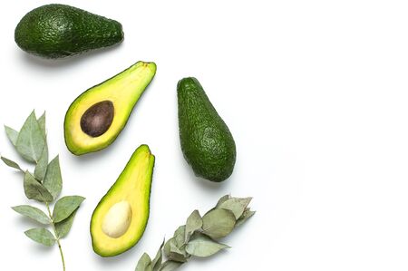 Ripe fresh avocado, eucalyptus twigs isolated on white background with shadow top view Flat lay copy space. Fruits Healthy food concept, diet, healthy lifestyle, organic avocado.の写真素材