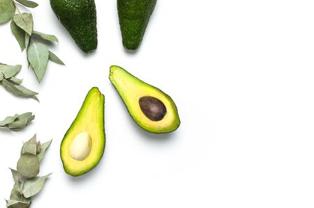 Ripe fresh avocado, eucalyptus twigs isolated on white background with shadow top view Flat lay copy space. Fruits Healthy food concept, diet, healthy lifestyle, organic avocado.の写真素材