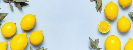 Ripe juicy lemons, eucalyptus twigs on pastel blue background. Lemon fruit, citrus minimal concept, vitamin C. Creative summer food minimalistic background. Flat lay, top view, copy space.の写真素材