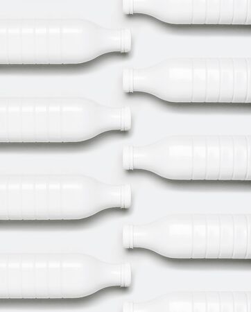 Pattern of white plastic bottle containers for dairy products on light gray background top view flat lay. Plastic Kefir Yogurt Milk Bottle. Packaging template mockup. Layout for your design.の写真素材