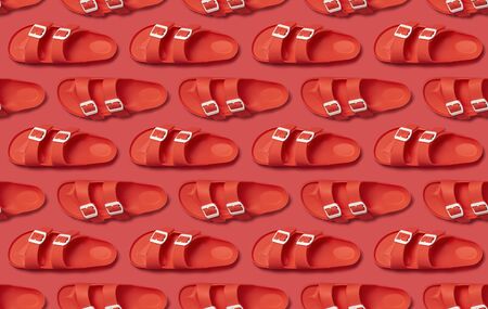 Seamless Pattern of Fashionable beach coral  on bright coral background. Flat lay top view  . Creative beach concept, stylish summer shoes, vacation, travel. Trend coral color.の写真素材