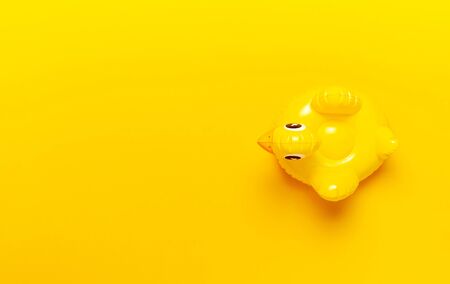 Creative summer beach concept. Inflatable mini yellow chicken or duckling on yellow background, pool float party. Flat lay copy space. Trend Inflatable Children toy for swimming. Layout for design.の写真素材