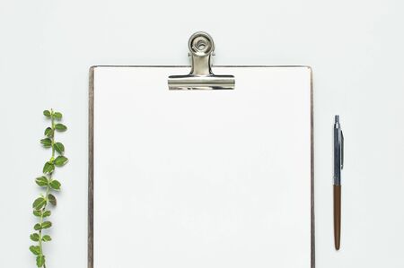 Blank white paper with folder and metal clothespin, spring green twigs of plants on gray background top view flat lay copy space. Decorative plant branch, flowers composition mockup Minimalistic style.の写真素材